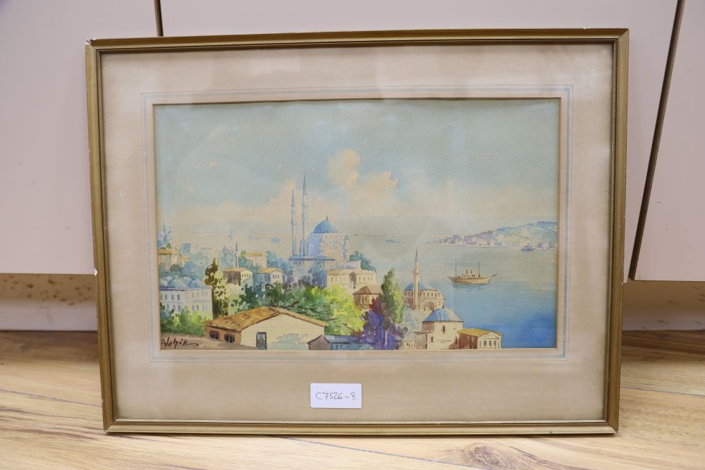 Vajit Armagan, watercolour, View of Constantinople across the Bosphorus, signed, 24 x 39cm